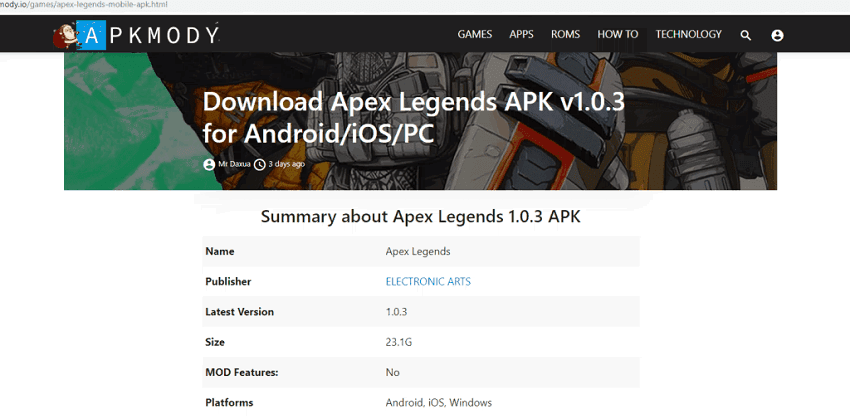 Страница загрузки фейковой APK Apex Legends